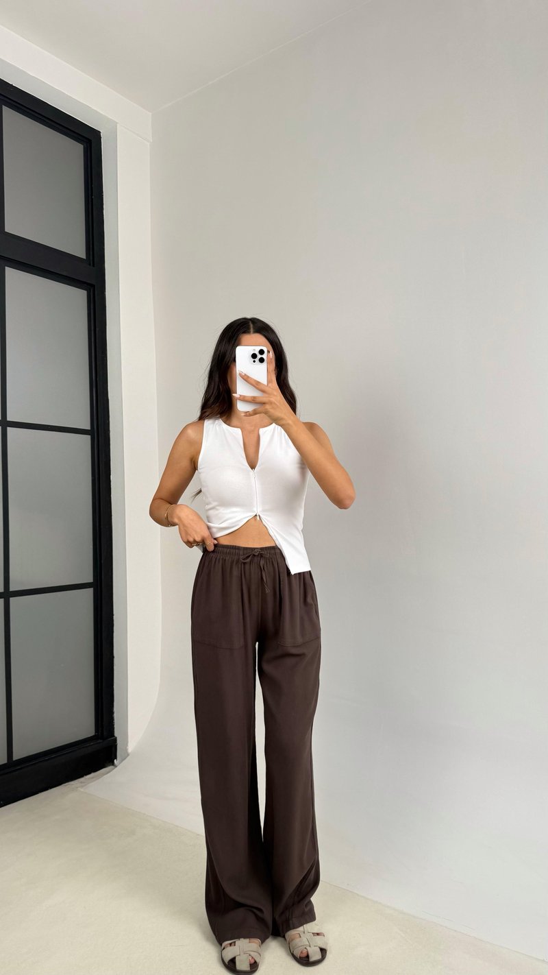 Acı Kahve Beli Lastikli Cep Detaylı Gabardin Pantolon GAUS-0082