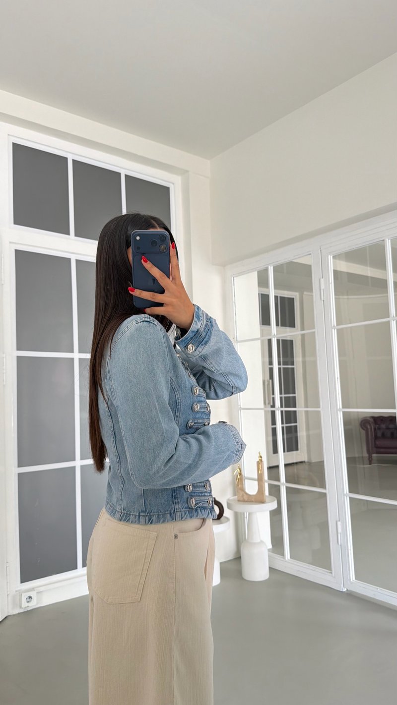 Mavi Apoletli Düğme Detaylı Denim Tasarım Ceket GAUS-01877