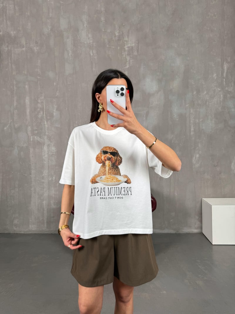 Krem Poodle Baskılı Bisiklet Yaka Tshirt Gaus00177
