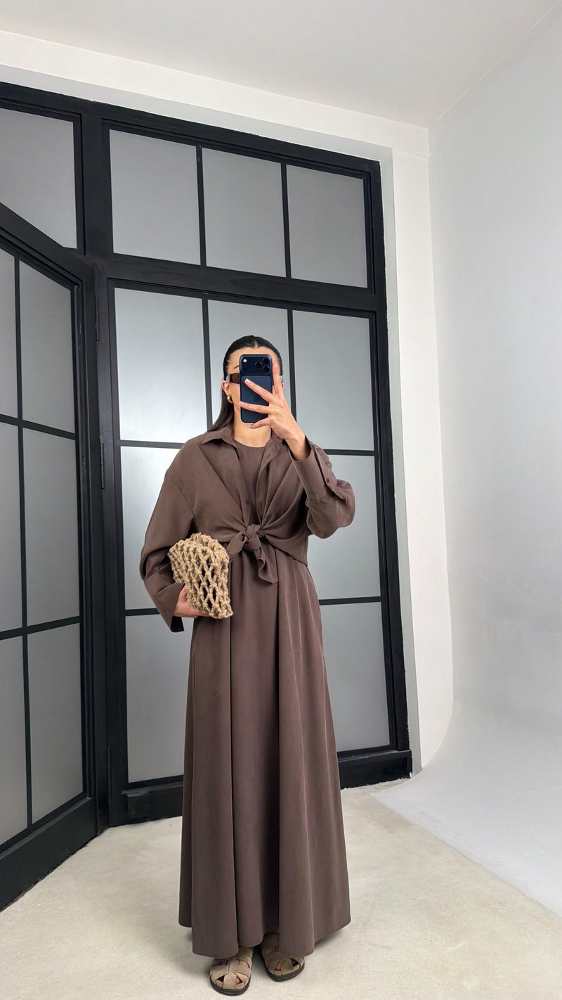Kahve Gömlek Elbise Oversize İkili Tencel Takım GAUS-01423