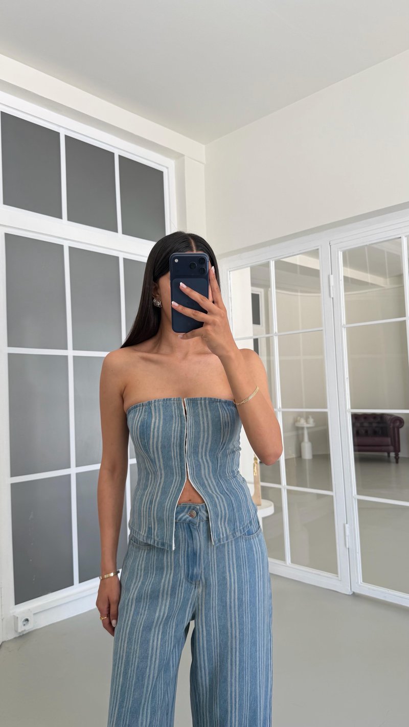 Mavi Bustiyer Palazzo Pantolon Çizgili Denim Takım GAUS-01686