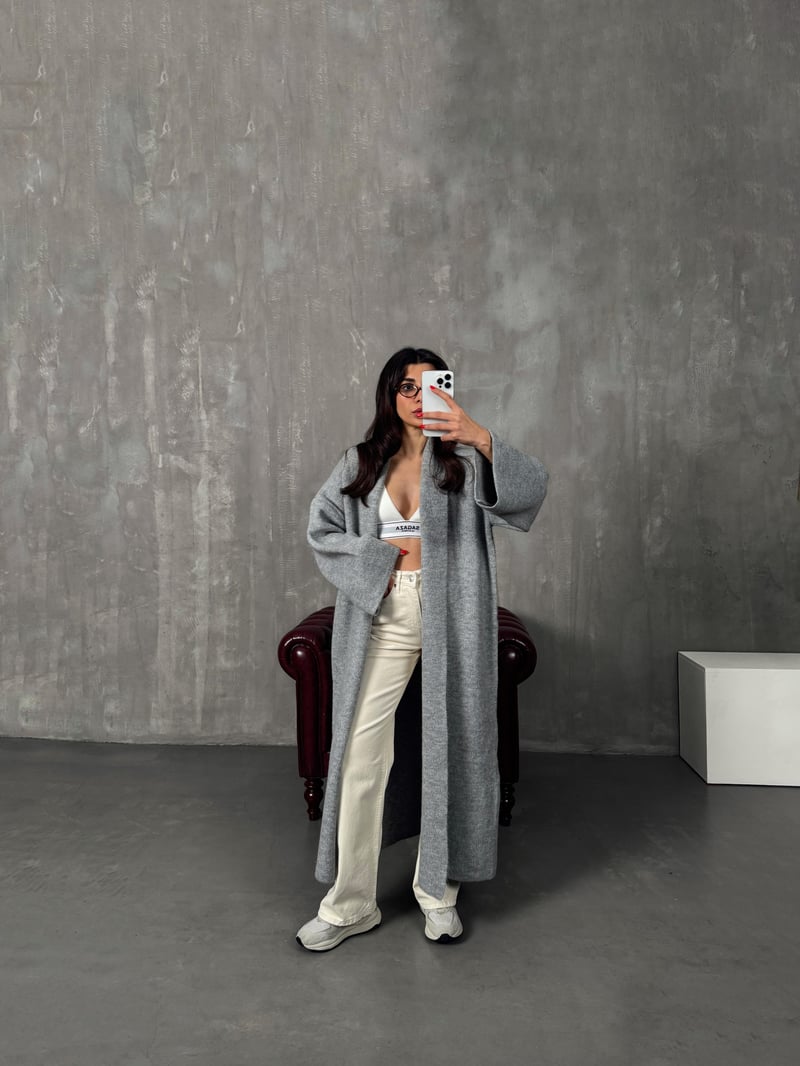 Nivera Gri Oversize Premium Uzun Hırka