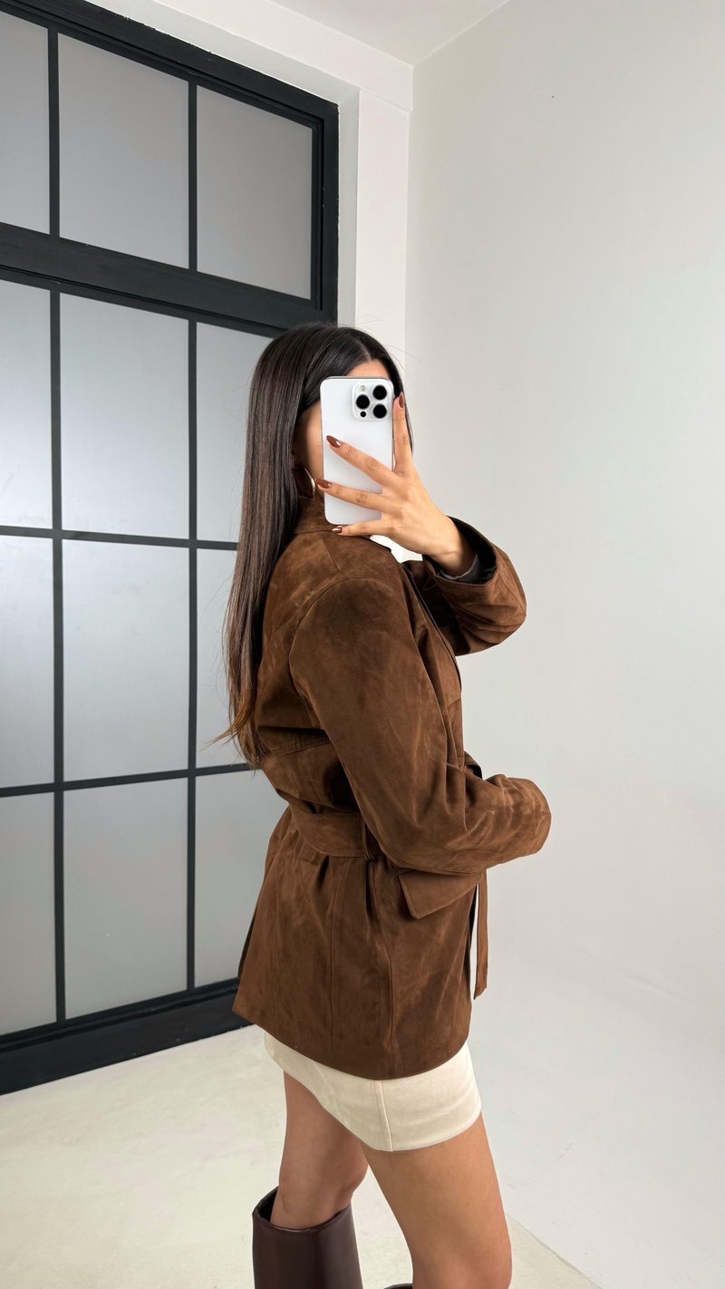 Kahve Astarlı Cep Detaylı Kuşaklı Süet Ceket GAUS-00168