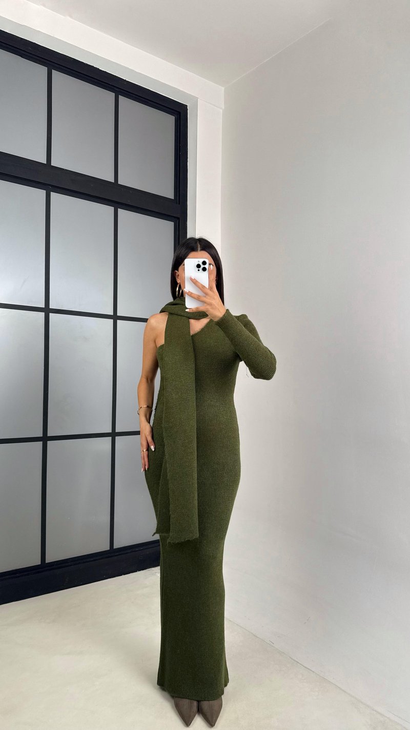 Yeşil Tek Omuz Atkılı Triko Elbise GAUS-00223