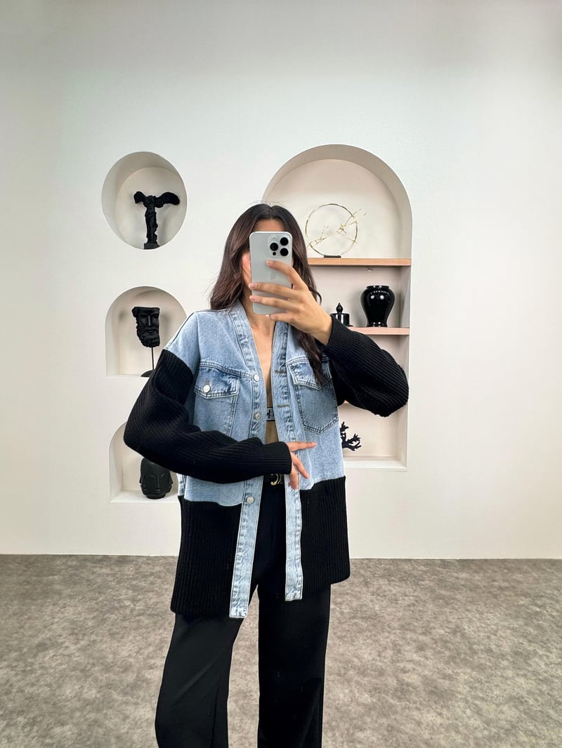 RC Triko ve Denim Karışımlı Tasarım Kot Ceket
