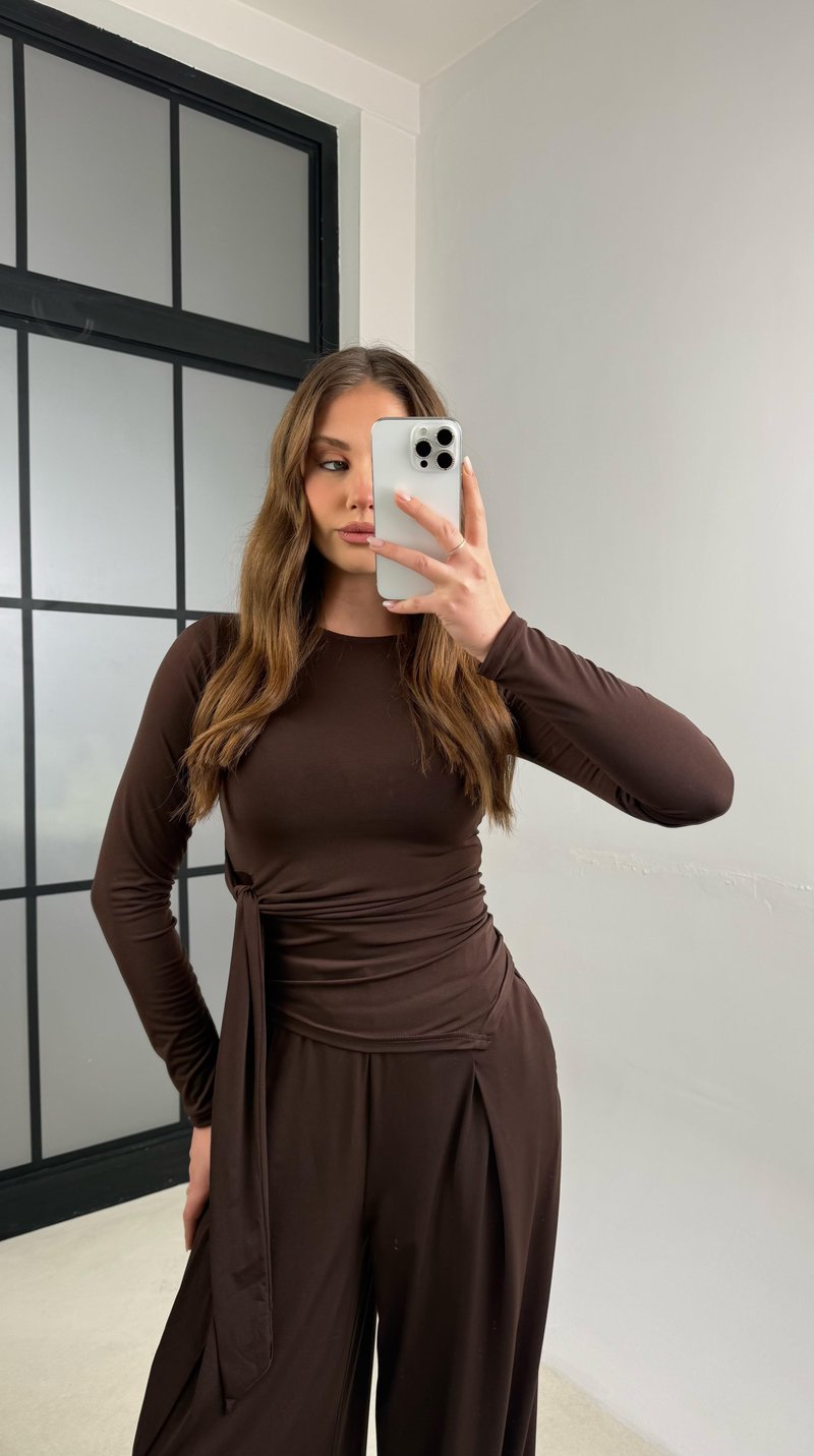 Kahve Bağlama Detaylı  Bluz Beli Lastikli Pantolon Sandy Takım GAUS-01145