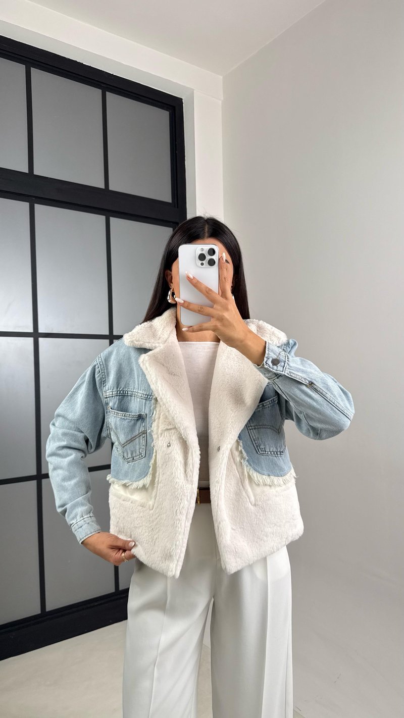 Ekru Denim Detaylı Peluş Ceket GAUS-00583