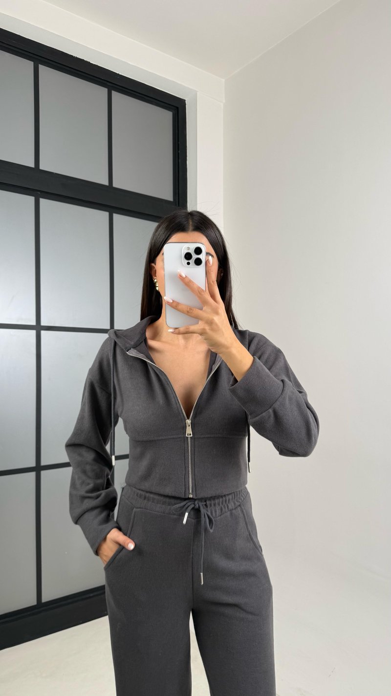 Antrasit Hırka Beli Lastikli Pantolon İkili Selanik Kumaş Takım GAUS-00523
