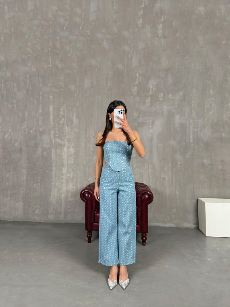 Mavi Pullu Parlak Korseli Denim Takım Gaus00241