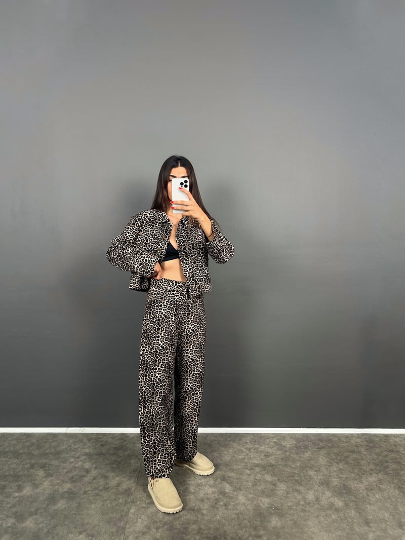 ZR Model Leopar Desenli Ceket Pantolon İkili Takım