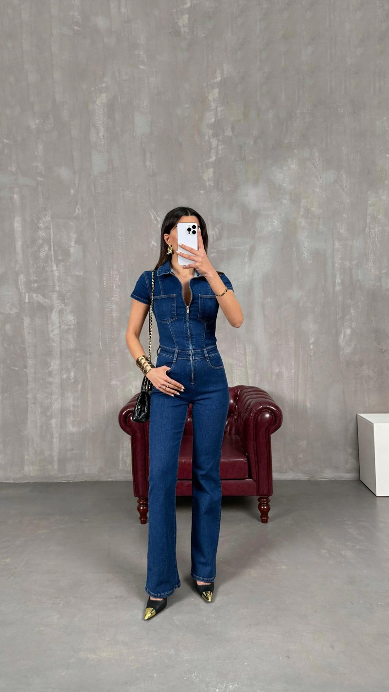 Milen Mavi Fermuarlı Gabardin Tulum GAUS-01255
