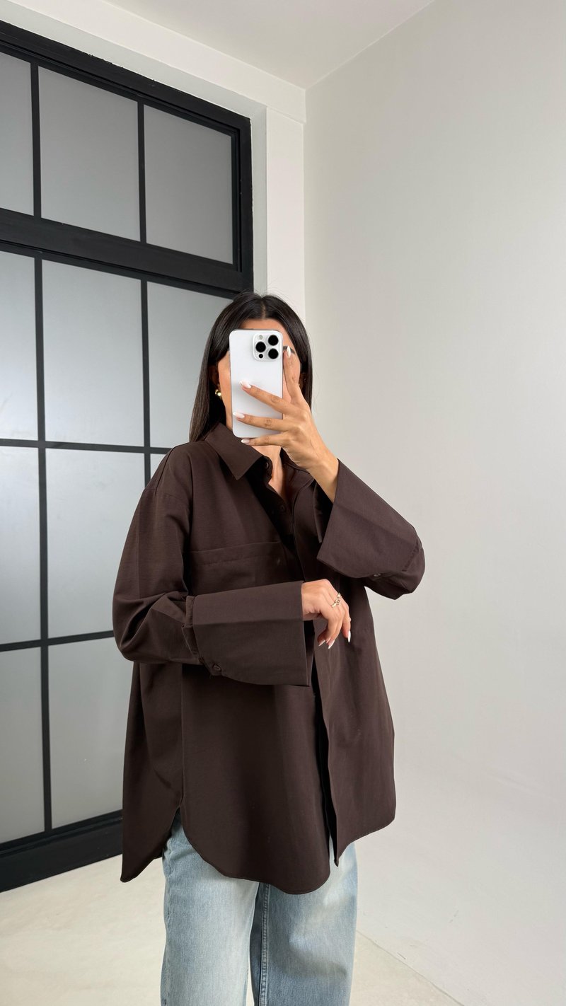 Acı Kahve Gizli Düğmeli Kol Katlamalı Poplin Gömlek GAUS-00449
