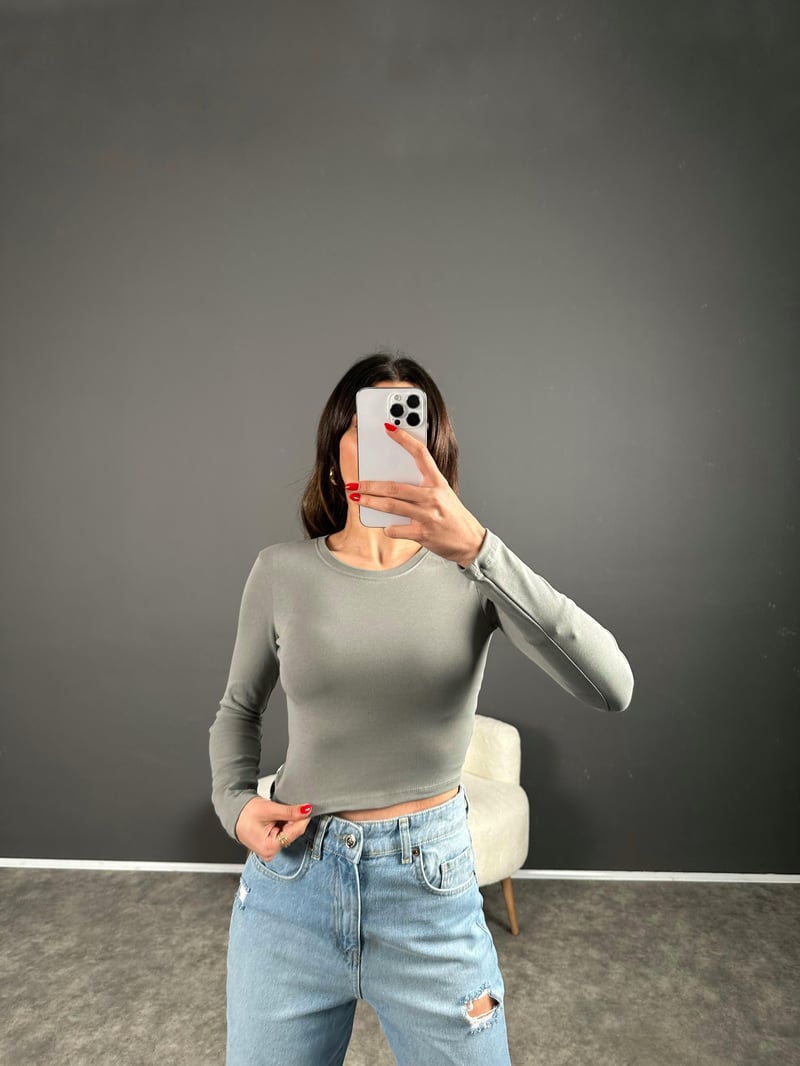 Gri ZR Model Basic Uzun Kollu Crop