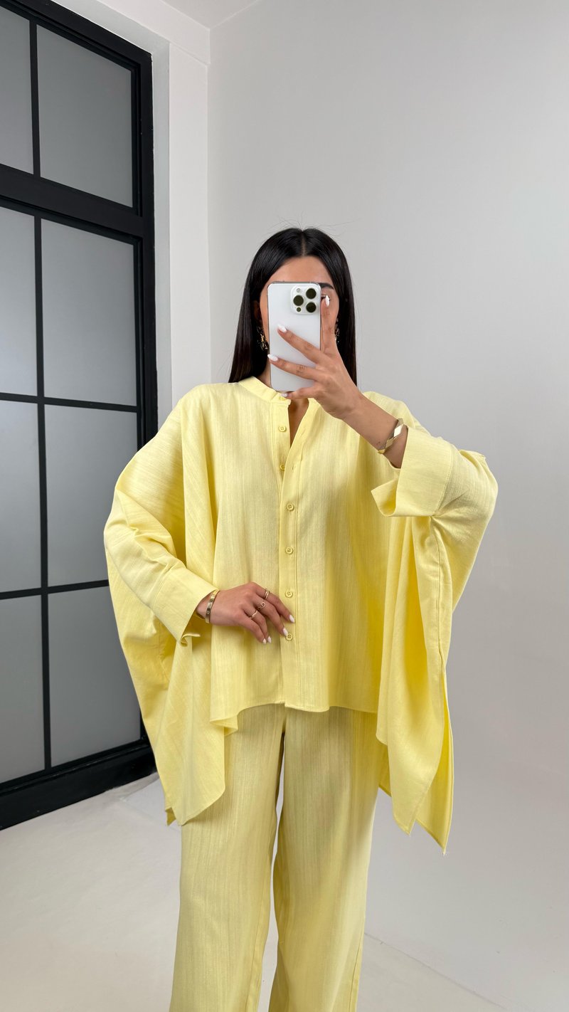 Sarı Önü Düğmeli Yarasa Kol Gömlek Beli Lastikli Cepli Pantolon Keten Takım Gaus00408