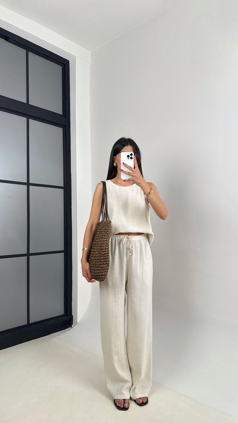 Taş Sıfır Kol Bluz Beli Lastikli Pantolon Md Muadil Keten Takım Gaus00495 