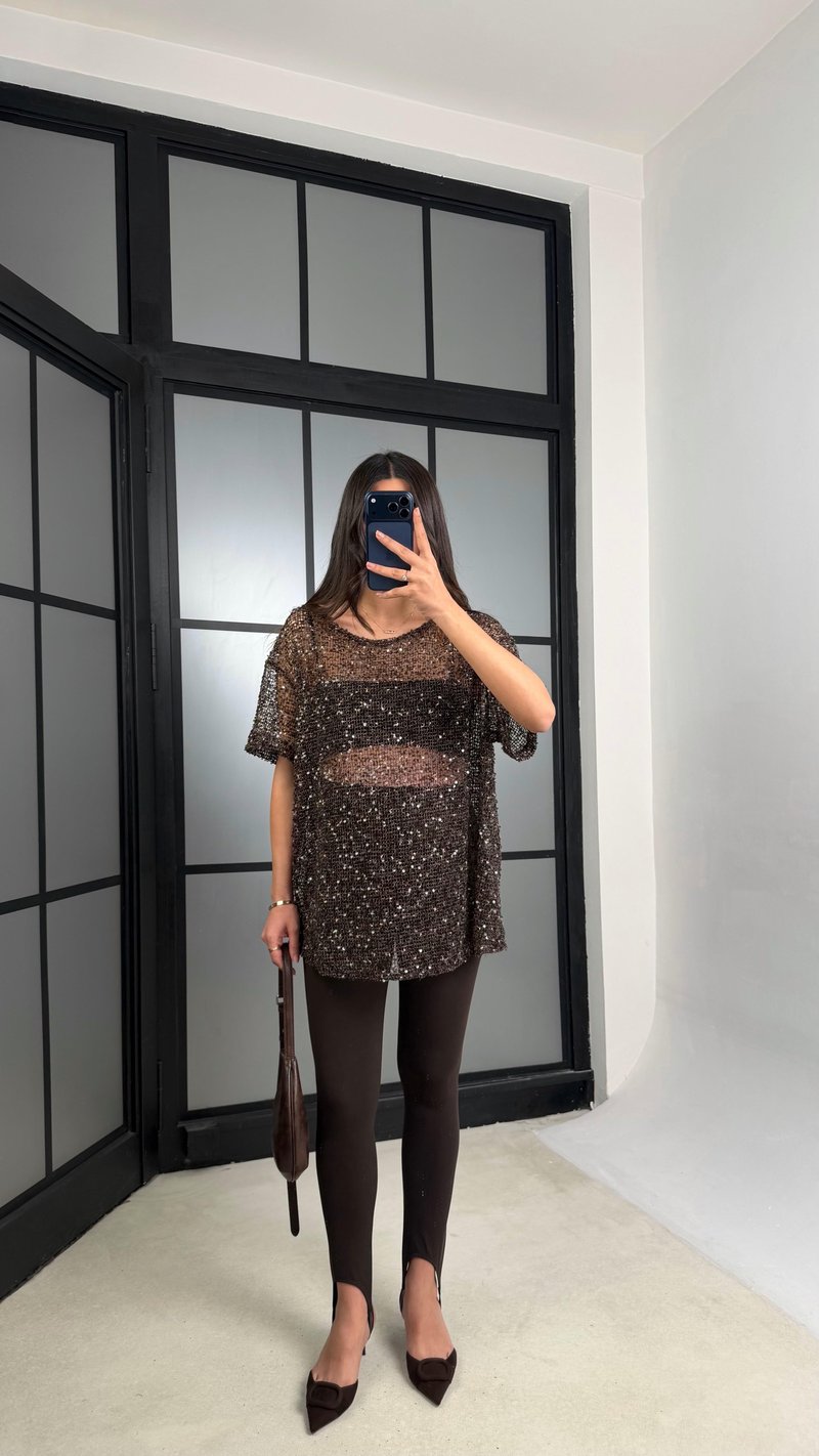 Acı Kahve Muadil Pul İşleme Detaylı İthal Oversize Bluz GAUS-01187