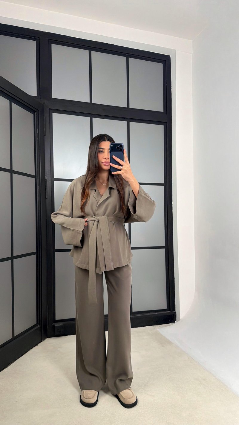 Haki Kuşaklı Ceket Beli Lastikli Pantolon Tencel Takım GAUS-01128