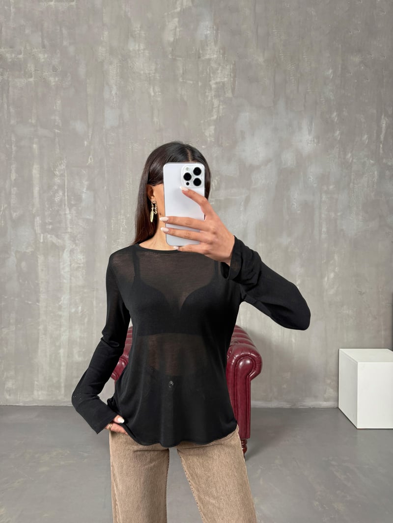 Siyah Transparan Bisiklet Yaka Triko