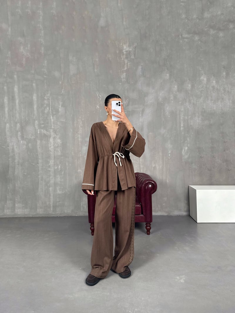 Kahve Bağlamalı Keten Kimono Takım Gaus00034