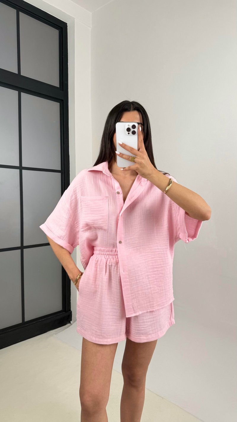 Pembe Cepli Gömlek Beli Lastikli Şort Müslin Takım Gaus00445