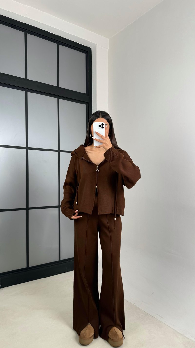 Kahve Kapüşonlu Hırka Beli Lastikli Pantolon İkili Triko Takım GAUS-00564