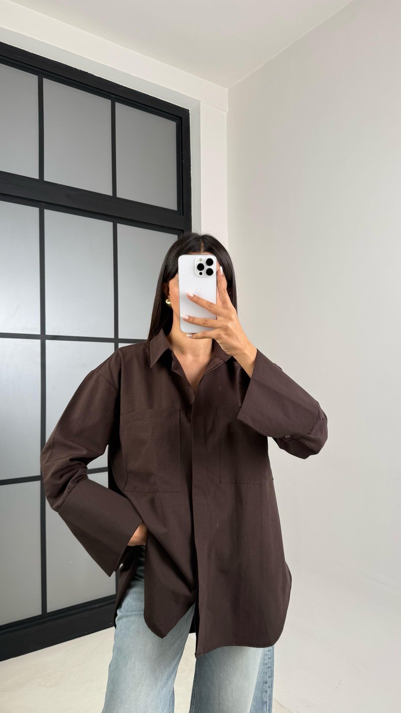 Acı Kahve Gizli Düğmeli Kol Katlamalı Poplin Gömlek GAUS-00449