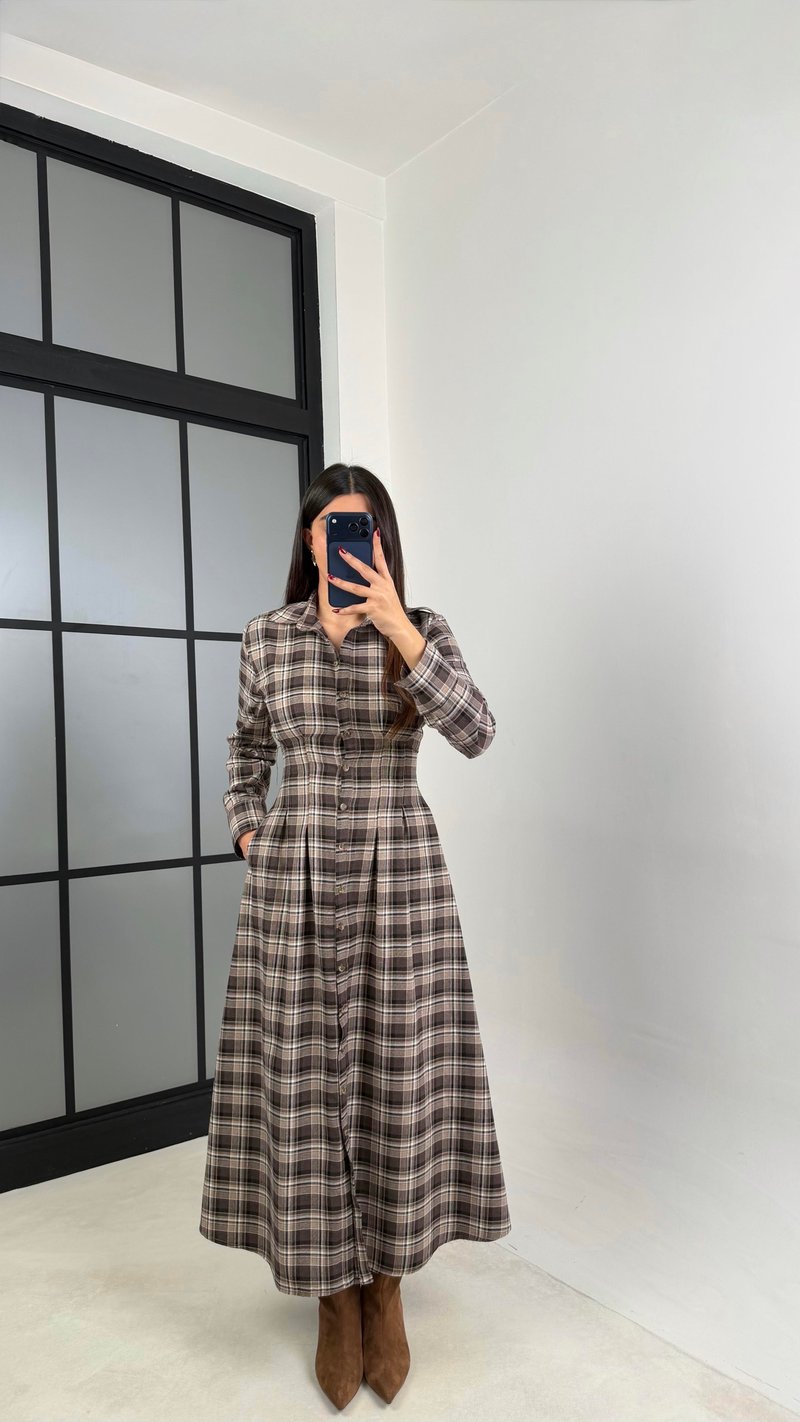 Kahve Belden Oturtmalı Ekose Elbise GAUS-00762