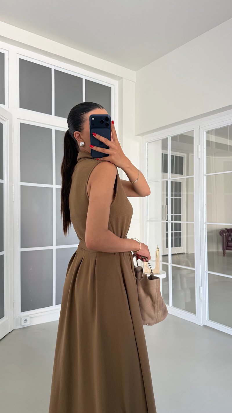 Kahve Sıfır Kol Kuşaklı Keten Elbise GAUS-01832