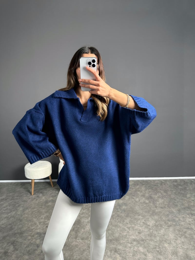 Doi Lacivert  Polo Yaka Triko Oversize Kazak