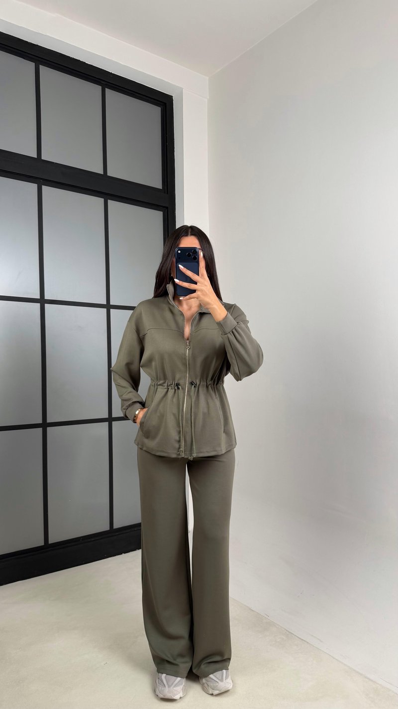 Haki Beli Büzgülü Hırka Pantolon İkili Modal Takım GAUS-00571