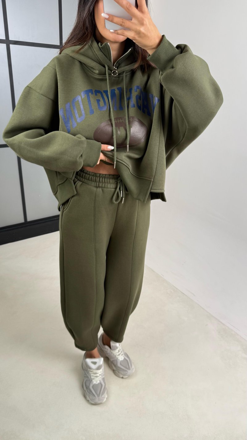 Haki Kapüşonlu Sweatshirt Beli Lastikli Pantolon 3 İplik Şardonlu Takım GAUS-00530