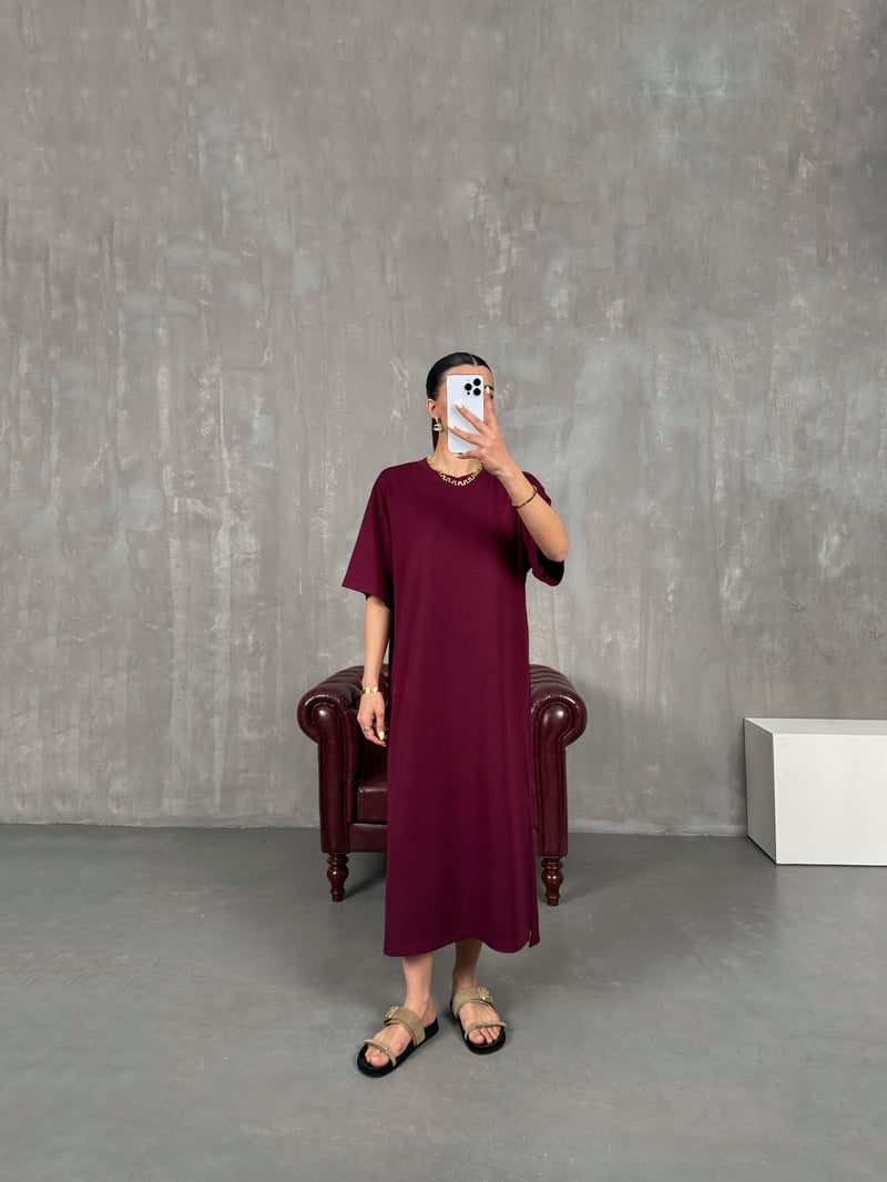 Bordo Modal Kumaş Yırtmaçlı Basic Elbise Gaus00100