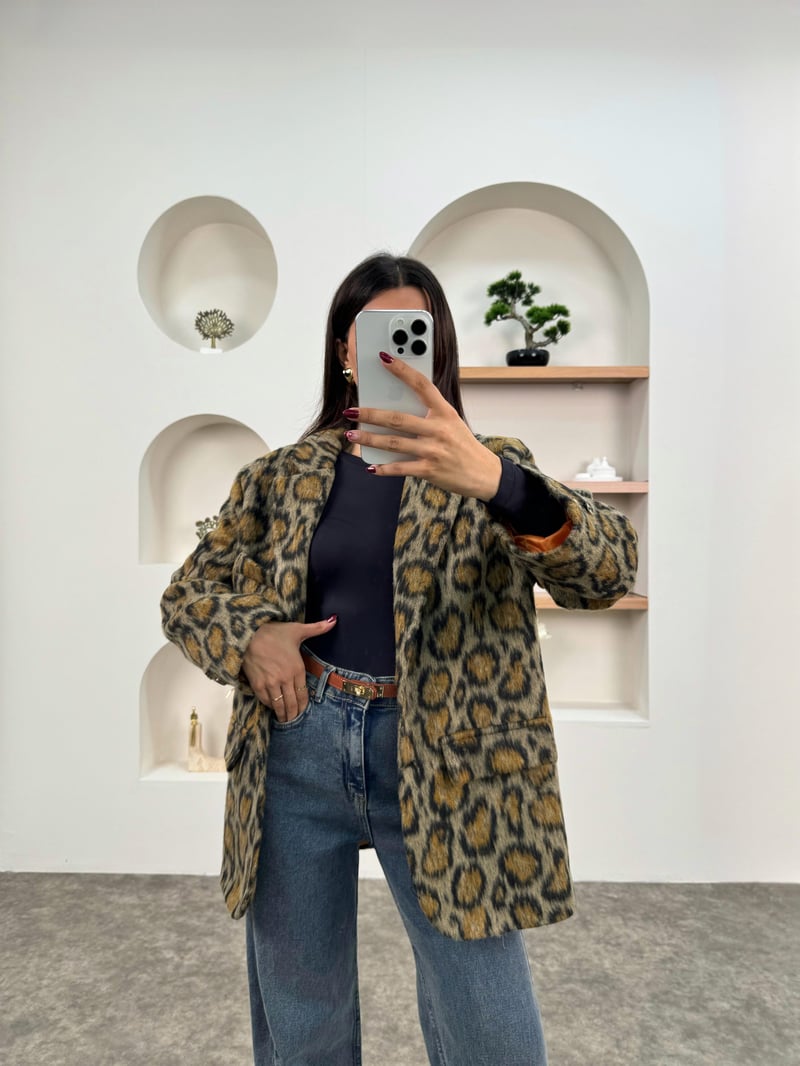 Coki Leopar Astarlı Sakallı Premium Blazer Ceket