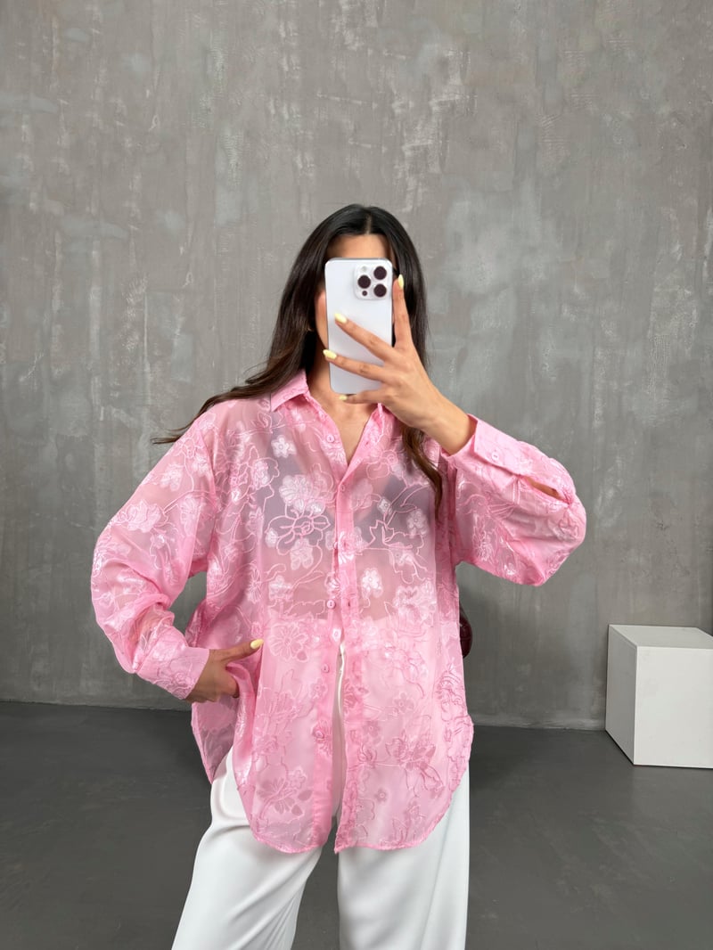 Pink Patterned Jacquard Sheer Shirt Gaus00139