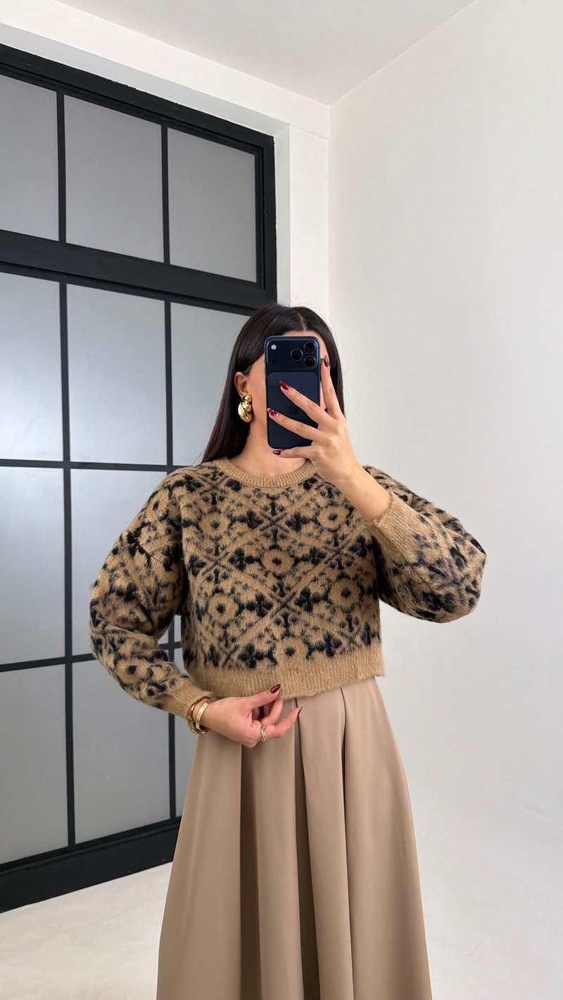 Camel Desenli Muadil Crop Kazak GAUS-00756