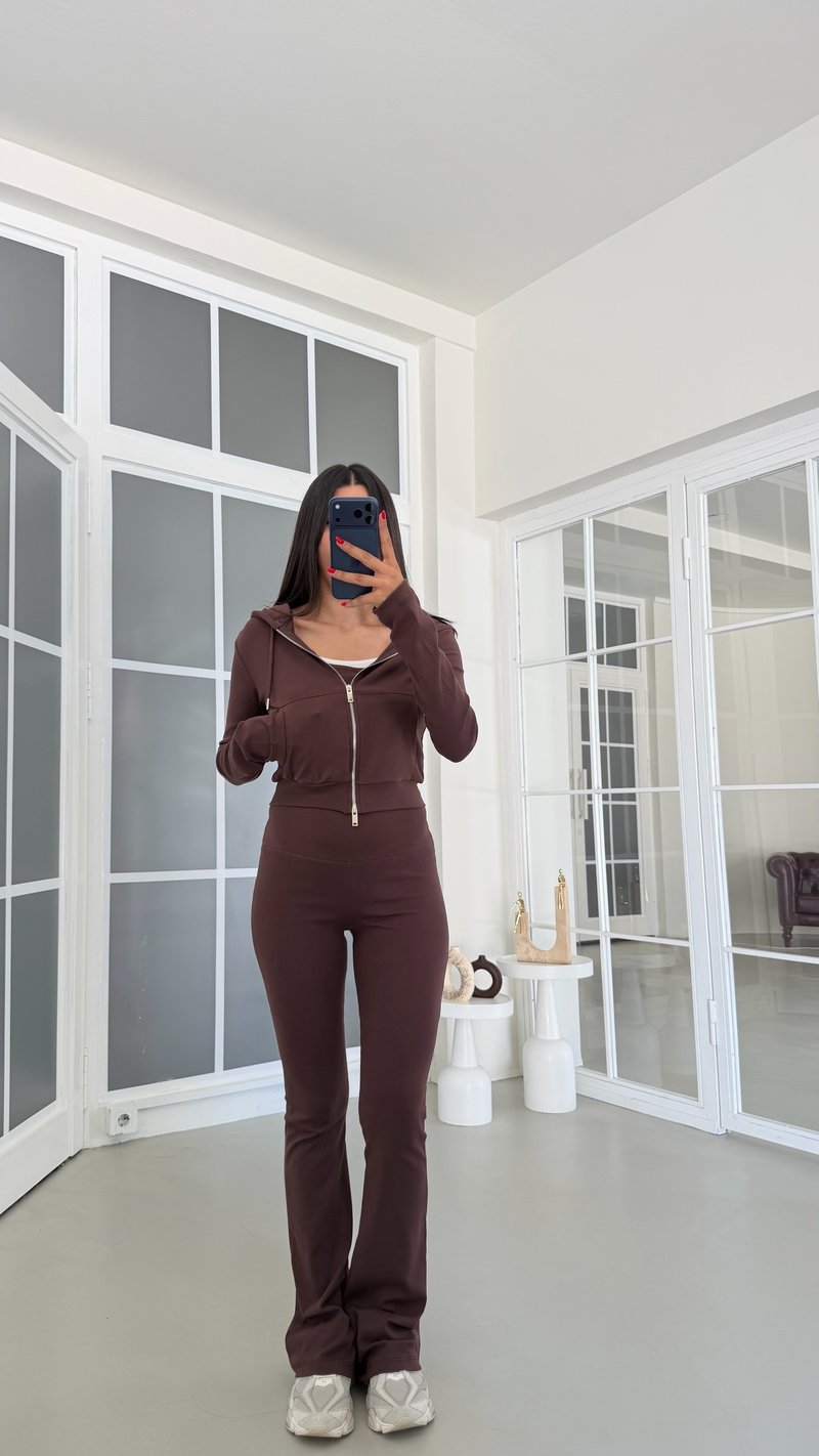 Kahve Hırka Crop Beli Lastikli Pantolon 3lü Basic Takım GAUS-01889