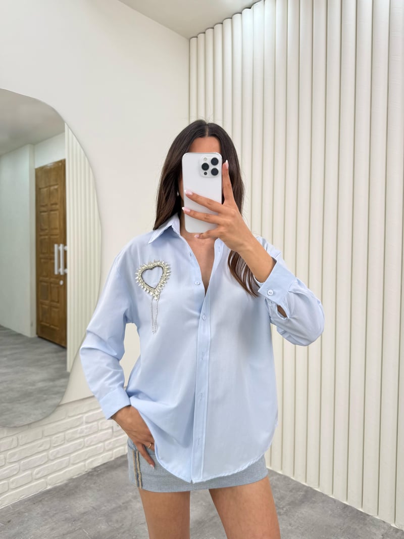 Mavi Taşlı Kalp Yaka Detaylı Gömlek Gaus00299