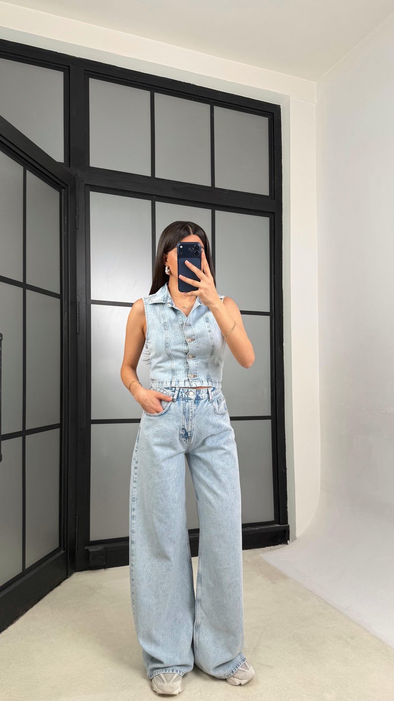 Buz Mavi Yelek Pantolon Premium Denim Takım GAUS-01285