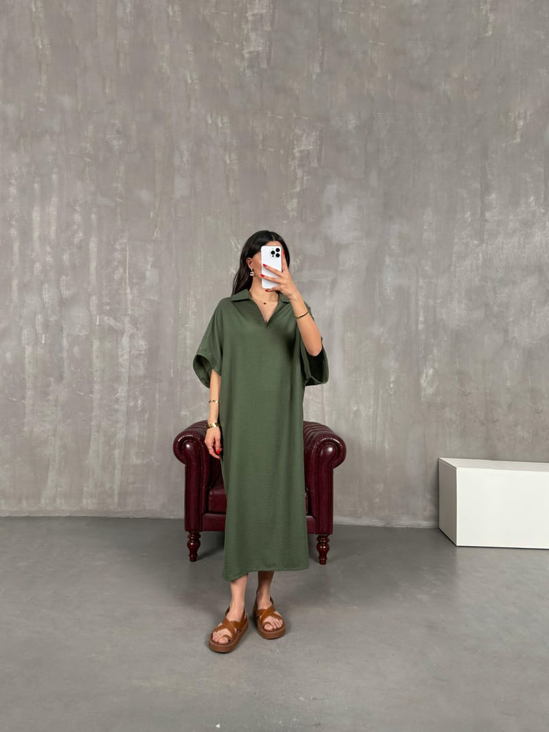 Khaki V Polo Collar Side Slit Linen Dress Gaus00164