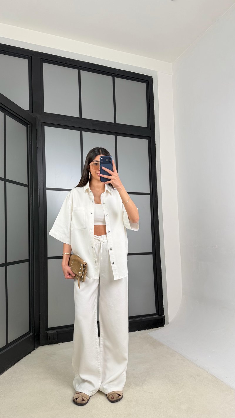 Beyaz Gömlek Beli Kuşaklı Pantolon İkili Tencel Denim Takım GAUS-01471