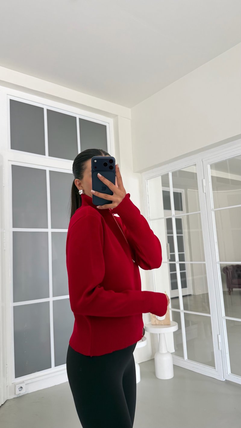 Kırmızı Çift Fermuarlı Triko Hırka GAUS-02141
