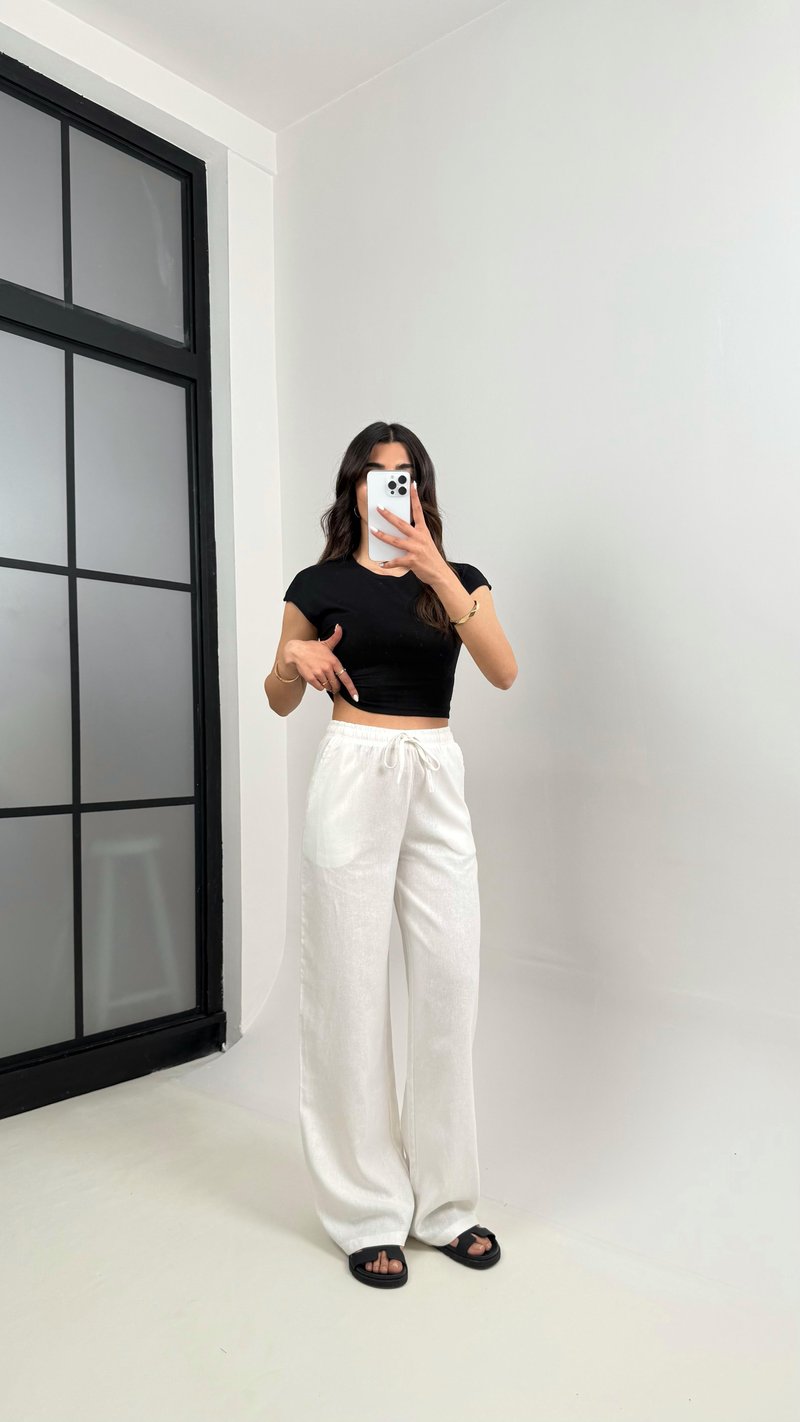 Beyaz Beli Lastikli Muadil Keten Pantolon Gaus00346