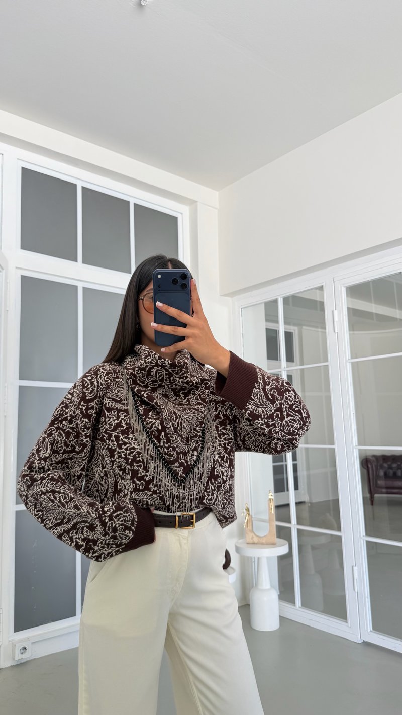 Kahve Çıkarabilir Fularlı Jakarlı Kazak GAUS-02063