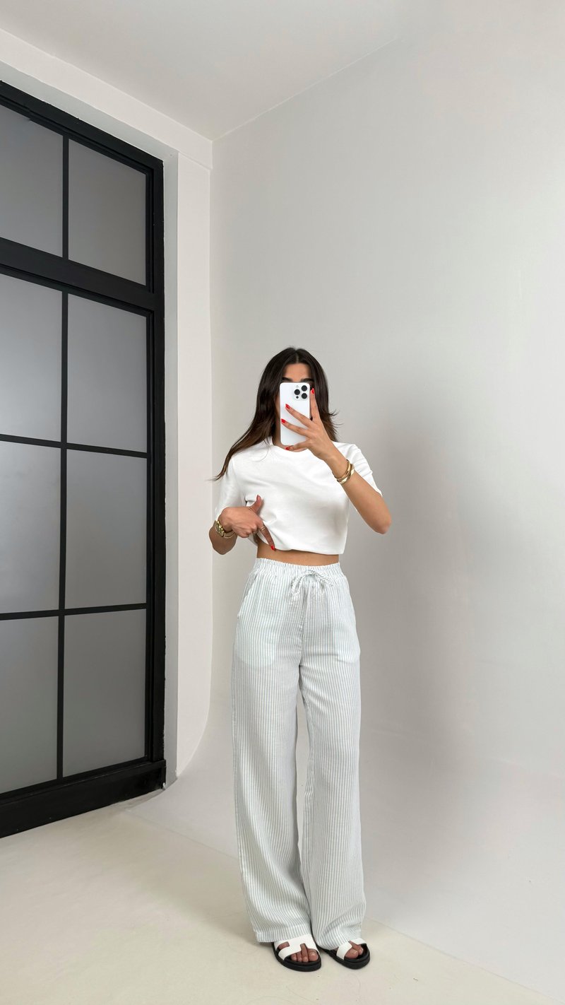 Mavi Beyaz Şeritli Beli Lastikli Keten Pantolon Gaus00479