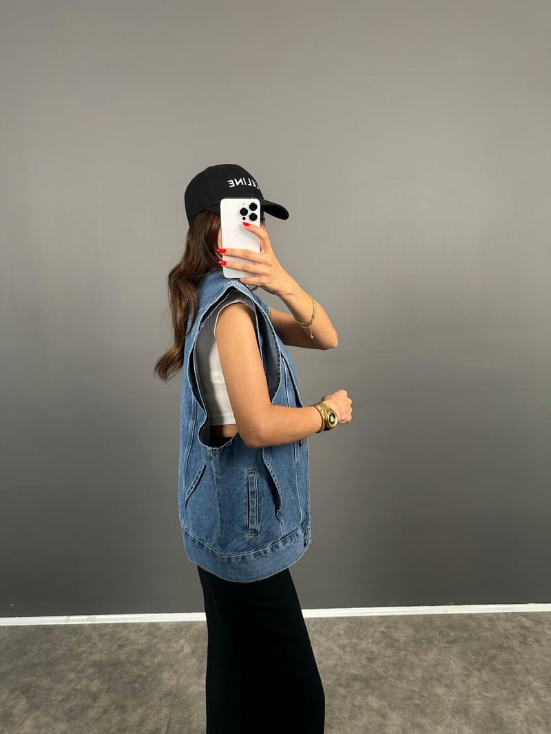 Move Mavi Denim Kol Detaylı Düğmeli Tasarım Kot Yelek 