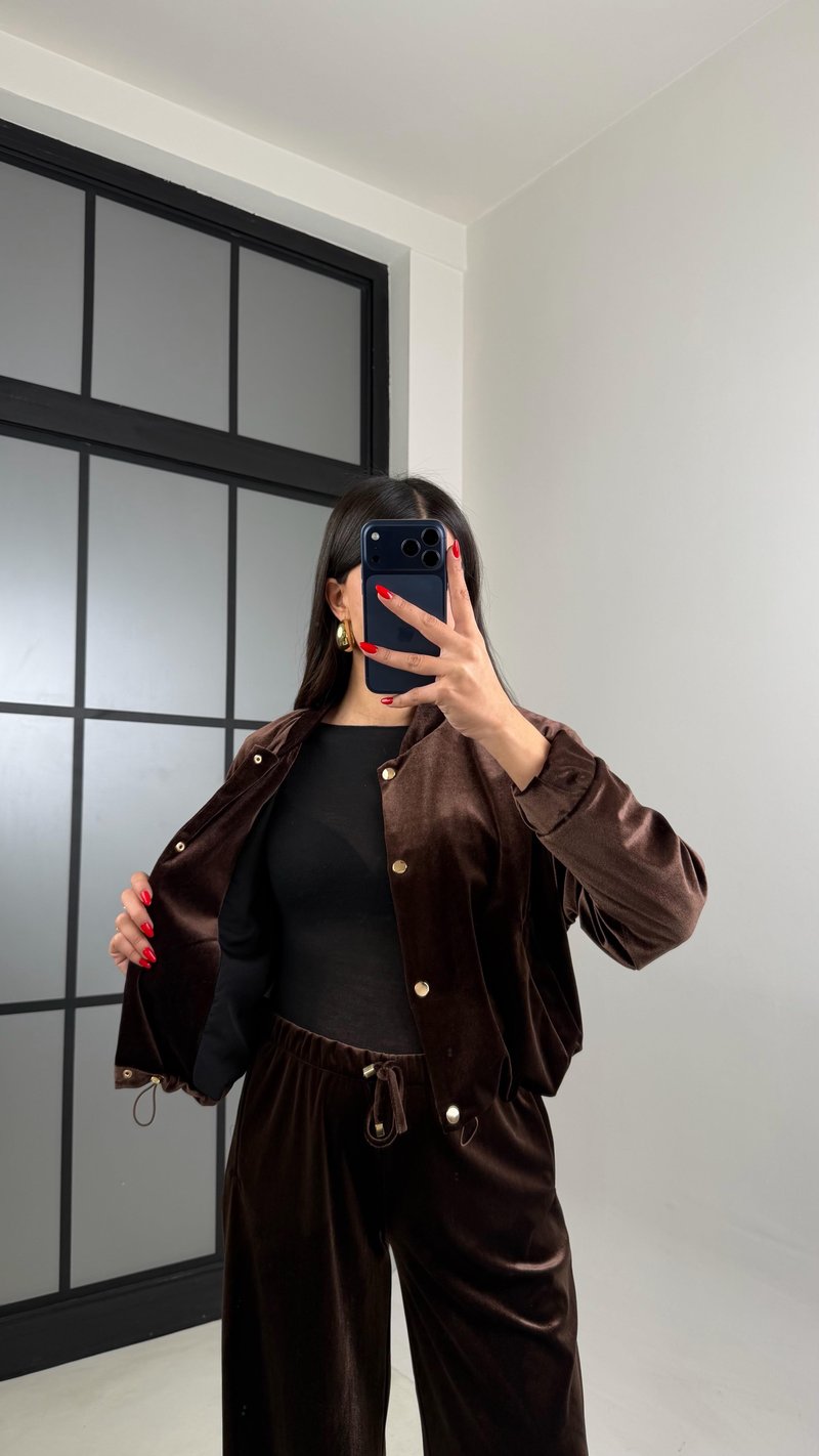 Kahve Çıtçıt Düğmeli Astarlı Ceket Beli Lastikli Pantolon Kadife Takım GAUS-00921
