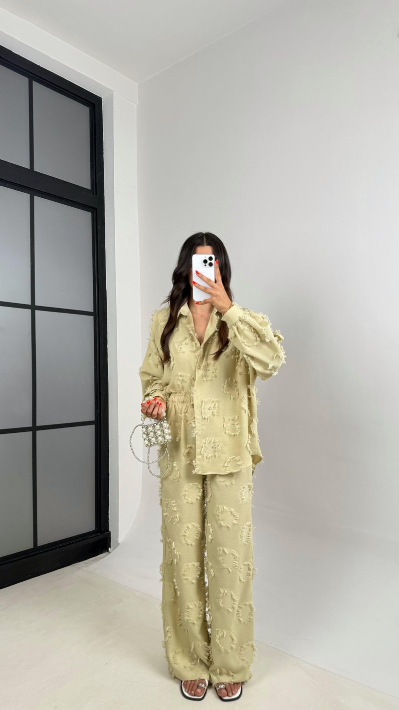 Soft Yeşil Püskülü Taş Detaylı Gömlek Beli Lastikli Pantolon Tasarım Takım GAUS-004