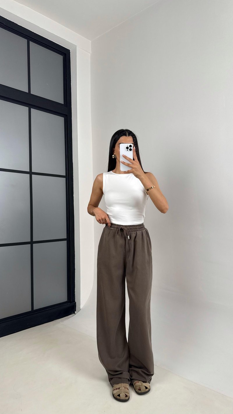 Kahve Beli Lastikli Muadil Gabardin Pantolon Gaus00557