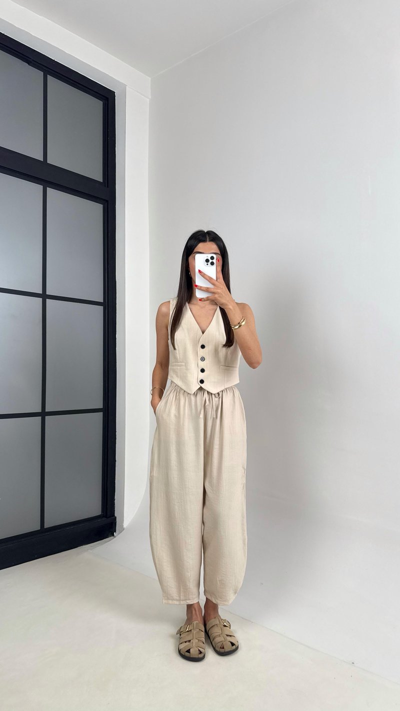 Taş Astarlı Yelek Balon Pantolon Çilek Kumaş Takım Gaus00501