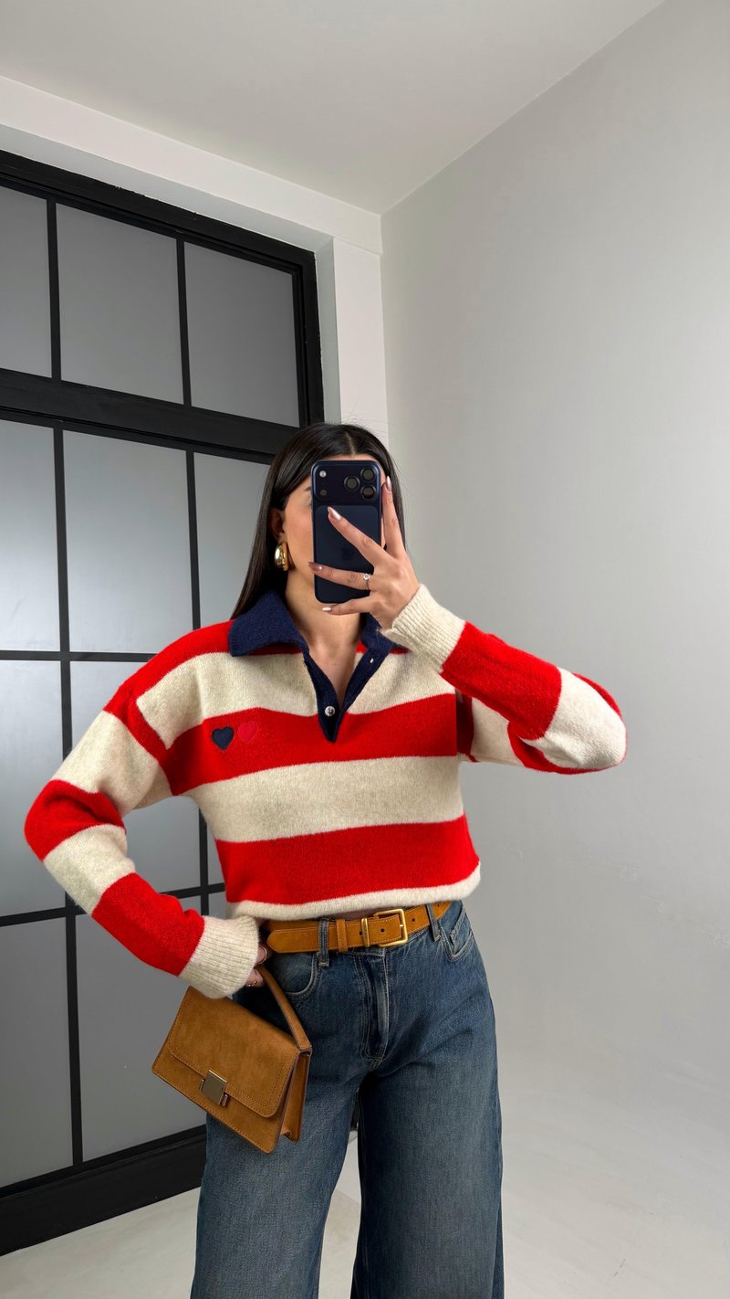 Kırmızı Polo Yaka Çizgili Yumuşak Dokulu Kazak GAUS-01099